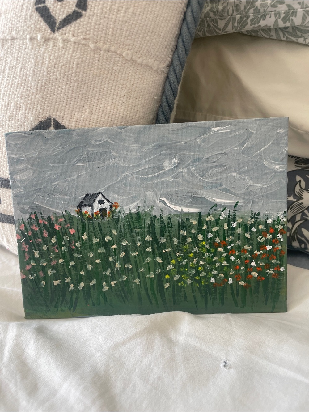 Original Acrylic 5x7 Painting Cottage Field Flowers